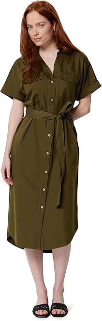 Women's Relaxed-Fit Short Sleeve Button-Down Dress with Belt