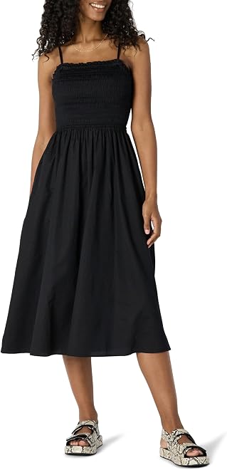 Women's Regular-Fit Cotton Sateen Smocked Bodice Midi Dress