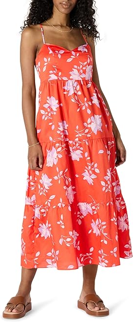 Women's Fit and Flare Empire Waisted Cotton Sateen Tiered Maxi Dress